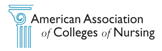 Logo of the American Association of Colleges of Nursing featuring a stylized column on the left, symbolizing the strength and foundation of nursing programs nationwide.